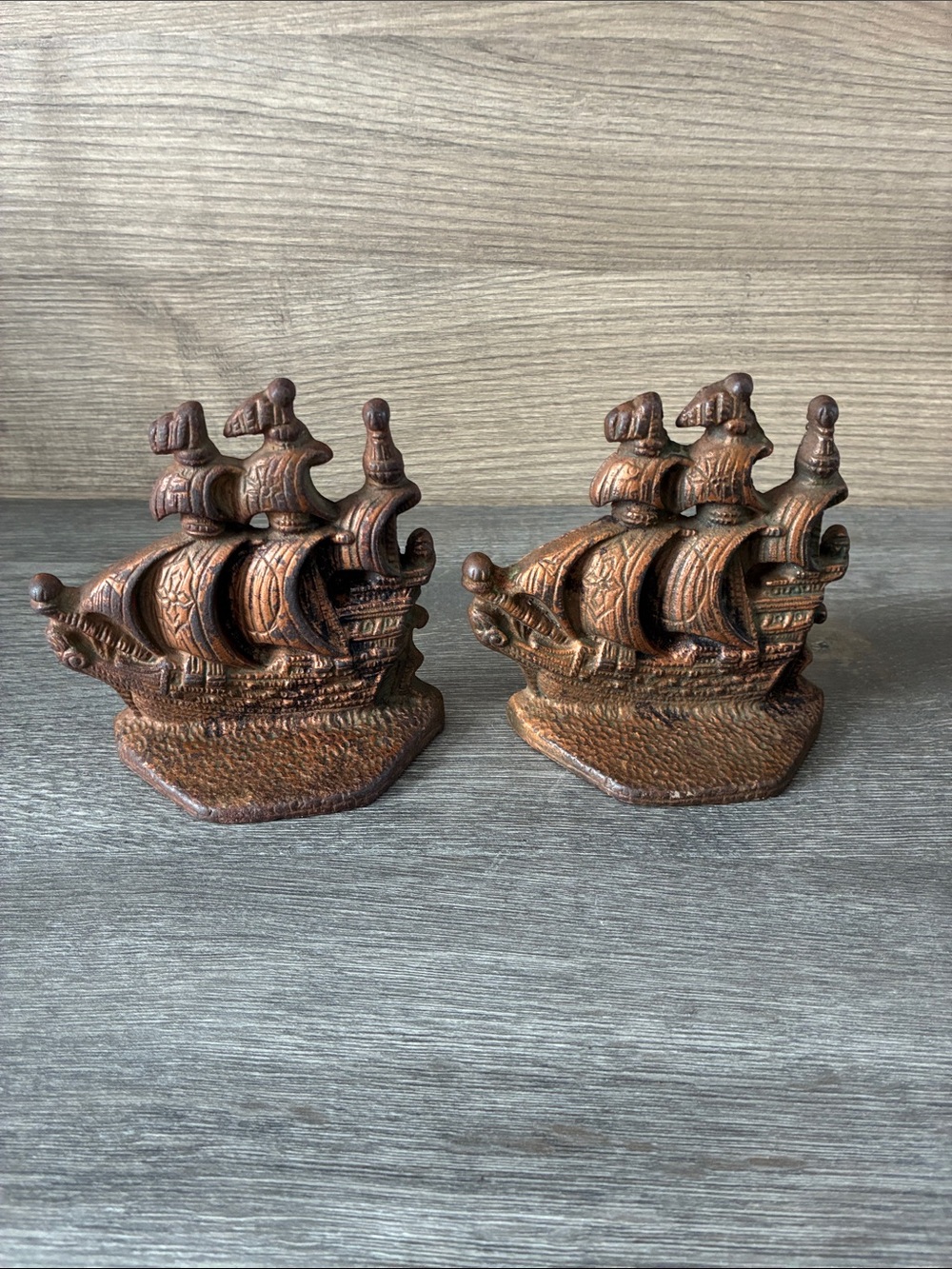 Rustic Patina Cast Iron Copper Look Ship Bookends